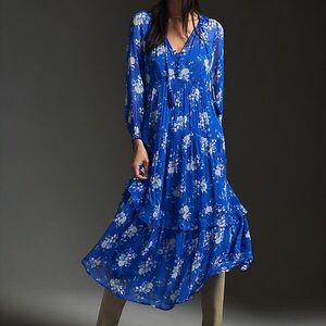 Anthropologie Royal Blue Floral V-Neck Tiered Maxi Dress